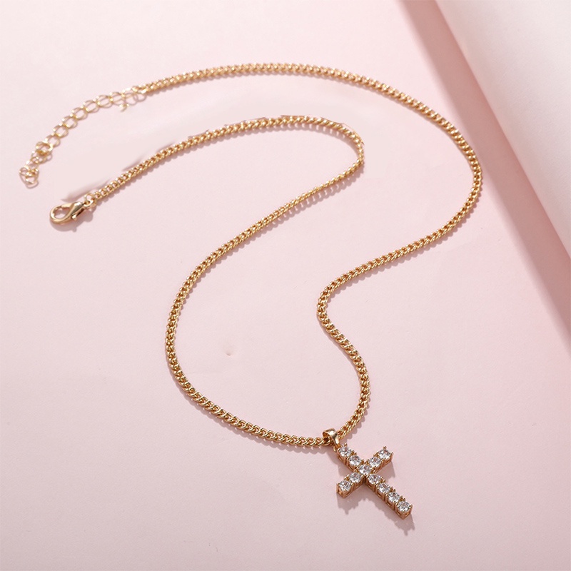 Retro Cross Kalung Emas Cubic Zirconia Hias Wanita Fashion Aksesori Hadiah - ol