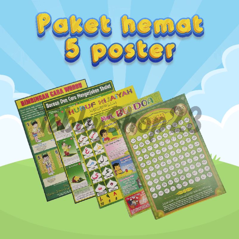 

Paket hemat 5 Poster Edukasi anak islami, poster dinding,poster Hijaiyah,poster cara wudhu, cara sholat,poster mari berdoa,poster Asmaul Husna