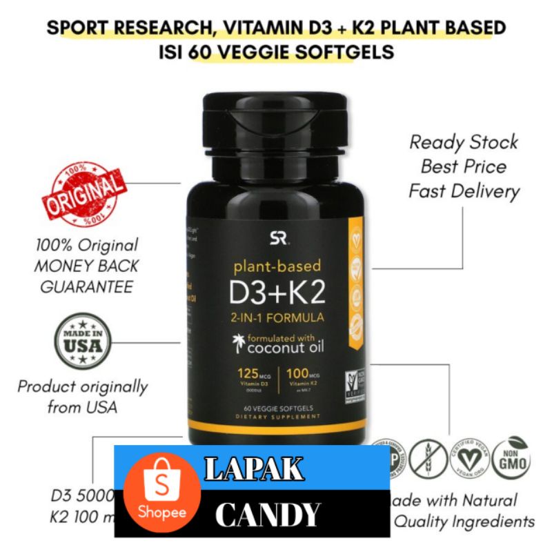 Plant Based D3+K2 2 in 1 Formula Sport Research 60 Veggie Softgel