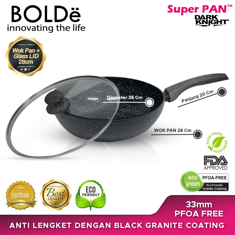 Wok Pan Bolde Super Pan Granit 28CM + Lid Black Dark Knight Tutup Kaca