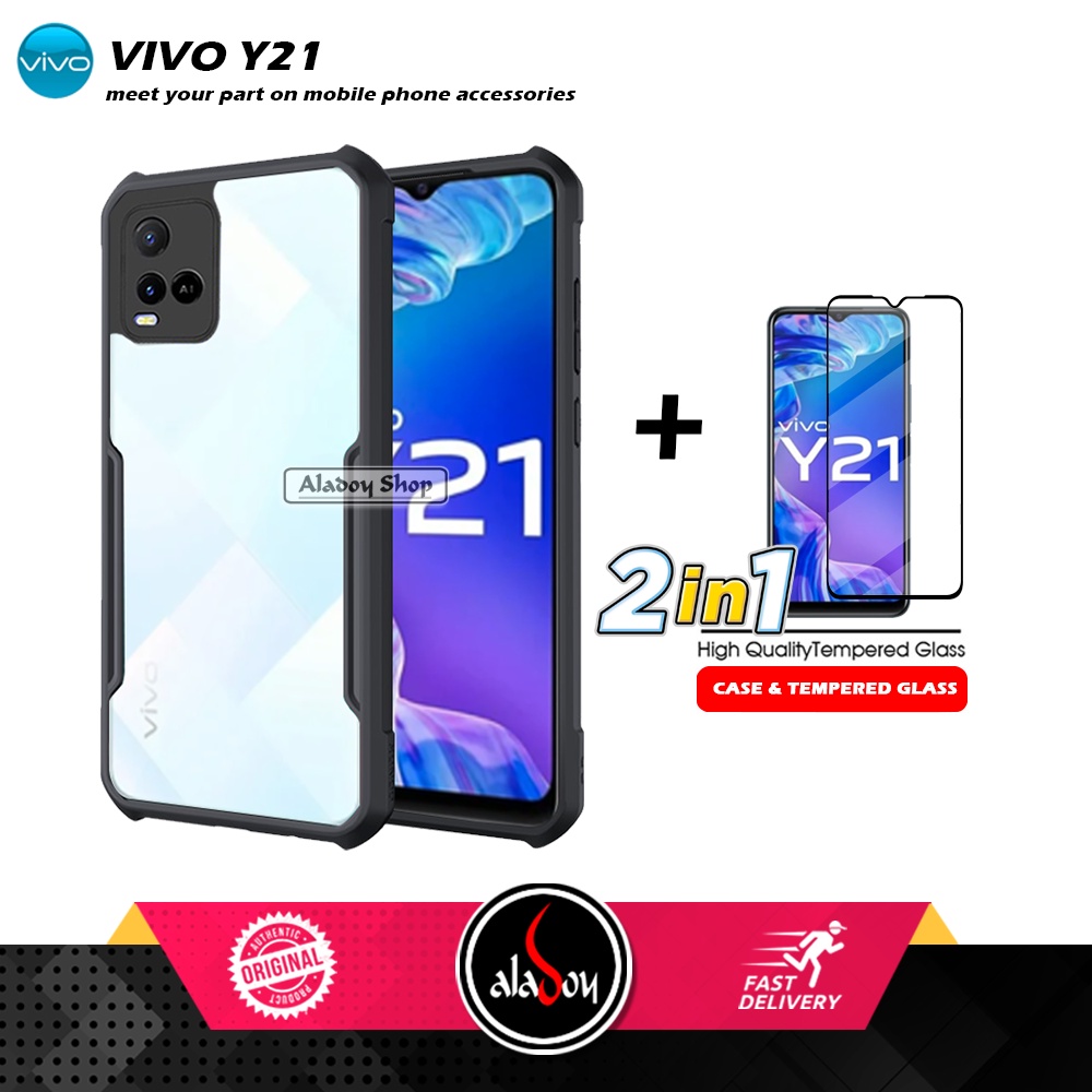 PAKET 2 IN 1 Case Vivo Y21 Armor Fusion Transparent Prmium Casing Free Tempered Glass