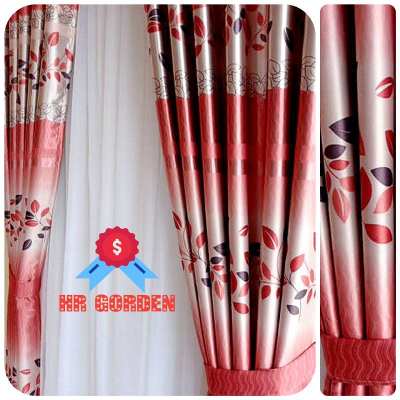 Gorden blackout pintu jendela shaby chik motip daun warna merah model smokring 12 lubang ring
