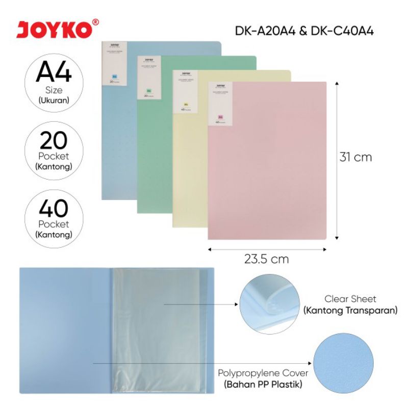 

DOCUMENT KEEPER DK A4 JOYKO PASTEL COLOR 20 DAN 40 POCKET | CLEAR HOLDER MAP FILE DOKUMEN FOLDER JOYKO DK PASTEL
