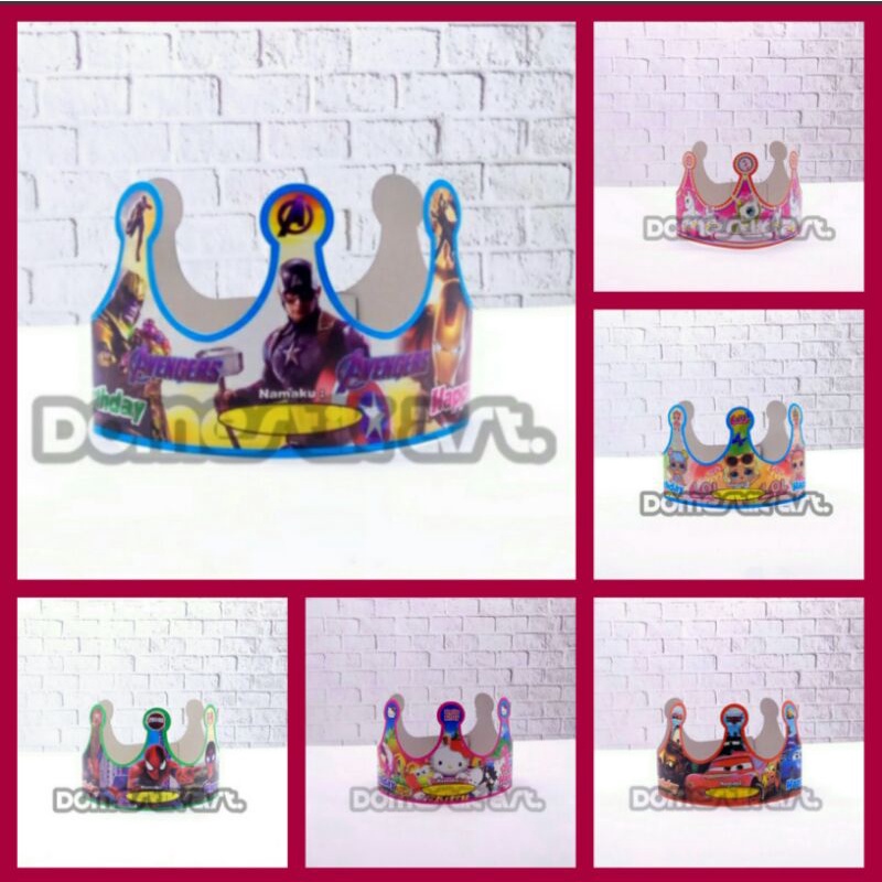 Topi ultah MAHKOTA KARAKTER (LK) / topi lingkar namaku / topi mahkota / topi ulang tahun anak / topi