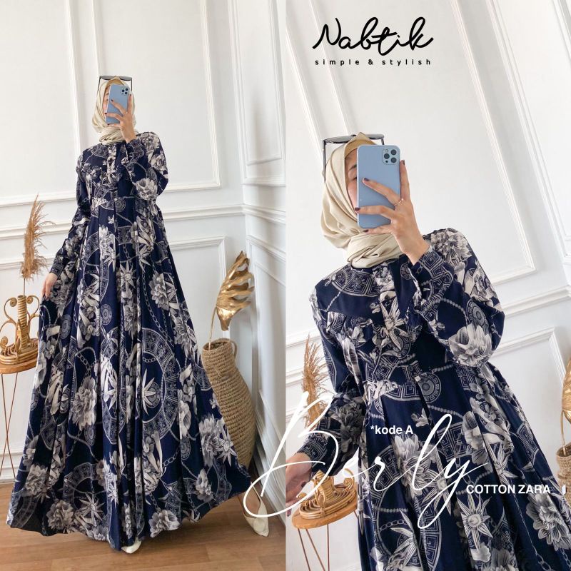 [READY STOCK] Berly Maxy Original Nabtik Gamis Catton Zara Nabtik Terbaru dan Termurah Model Ruffle 