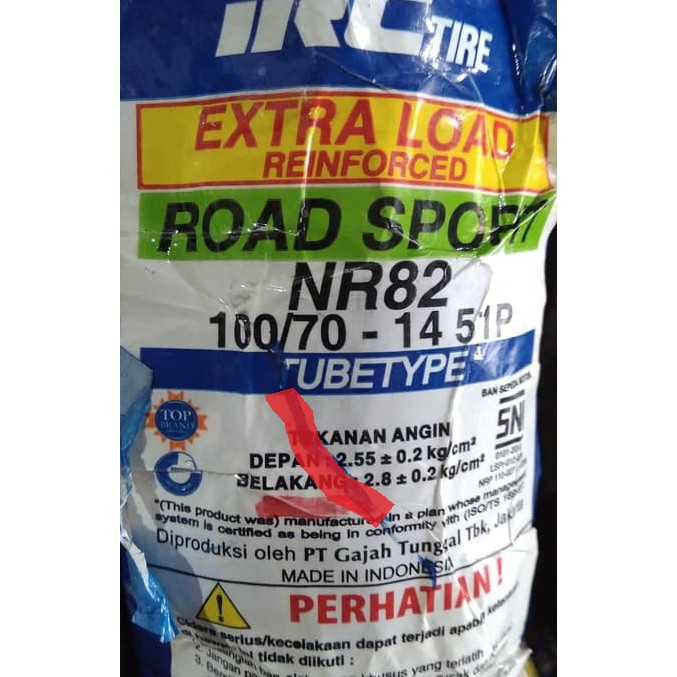BAN LUAR IRC 100/70-14 NR82 TUBETYPE