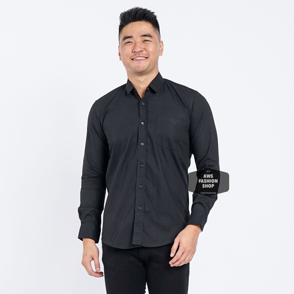 Kemeja Pria Lengan Panjang Hitam Pekat Black Polos Casual Formal Kemeja Kerja Keren 3258
