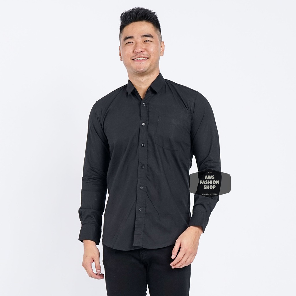 KEMEJA PRIA LENGAN PANJANG POLOS HITAM PEKAT BLACK SLIMFIT CASUAL 3258