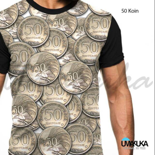 Kaos uang 50 koin limapuluh rupiah perak lama lawas kuno antik unik keren Umakuka 3d Fullprint PO