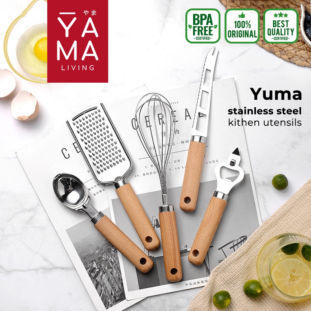 YAMA YUMA Kitchen Utensils Stainless Steel Peeler Buah Sayur Parutan Keju Sendok Es Pengocok Telur Kayu