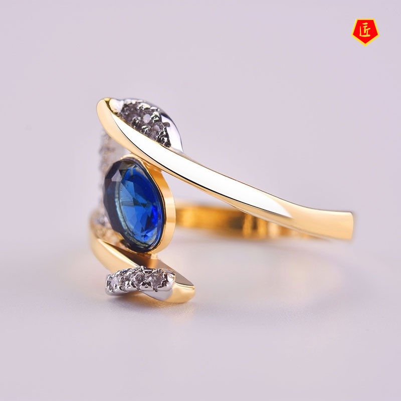 [Ready Stock]18K Gold Inlaid Sapphire Two-Tone Ring Creative Personality