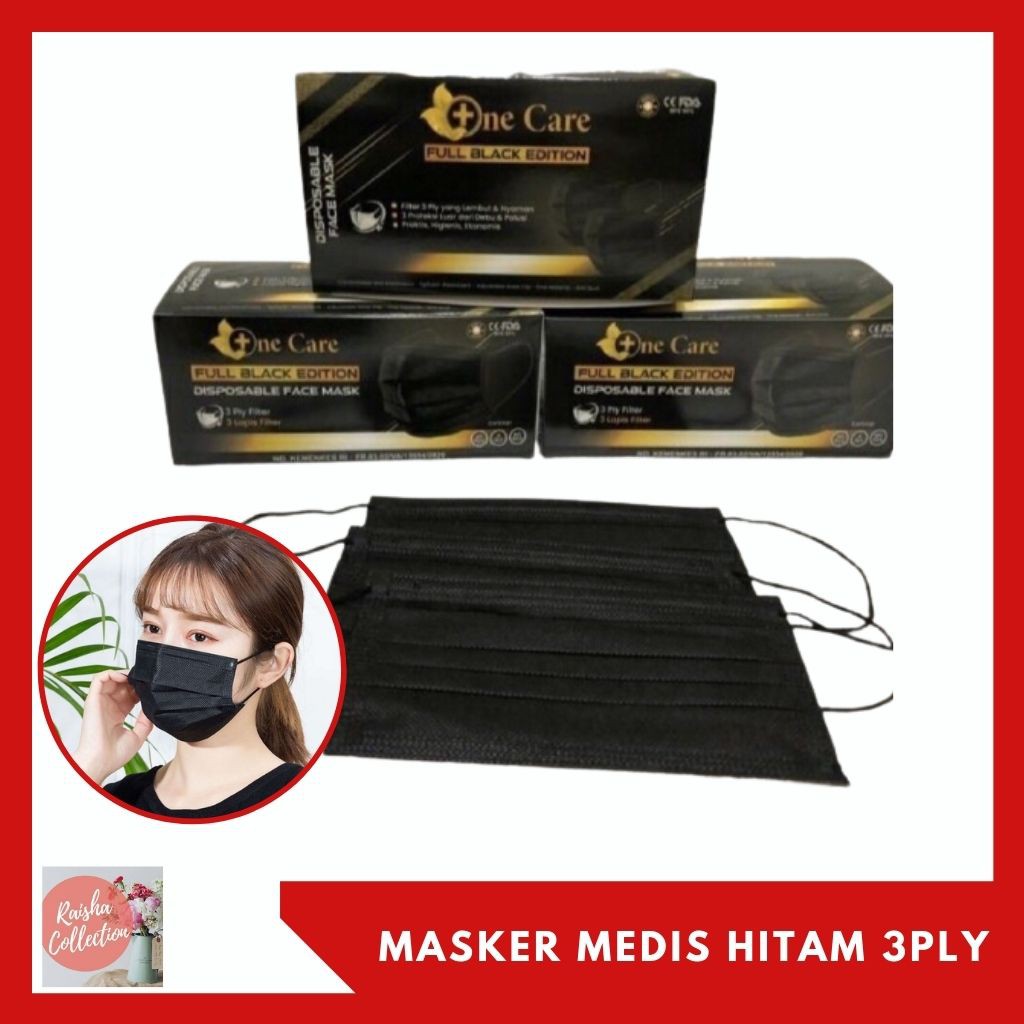 Rc Masker Medis Hitam Earloop Tali Kuping Disposable Protective 3Ply Isi 50 Pcs