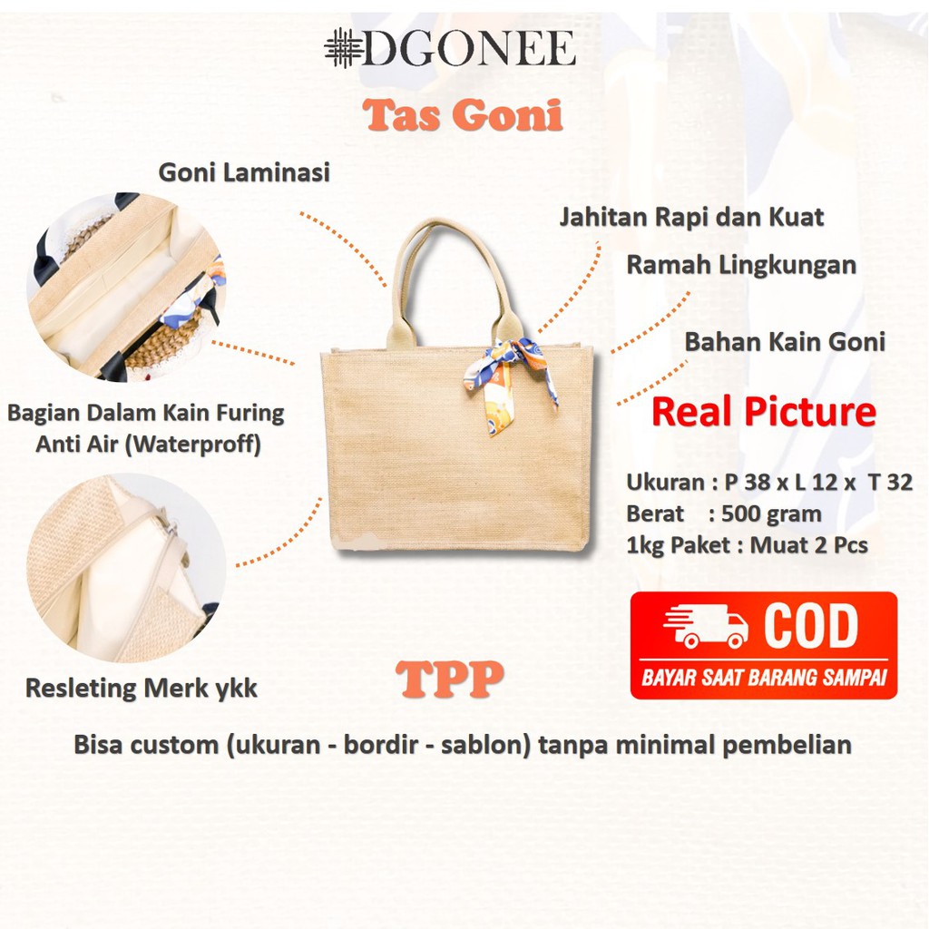 Dgonee TPP Tas Tote Bag Totebag Kain Karung Goni Belanja Kerja Kuliah Wanita Polos Custom