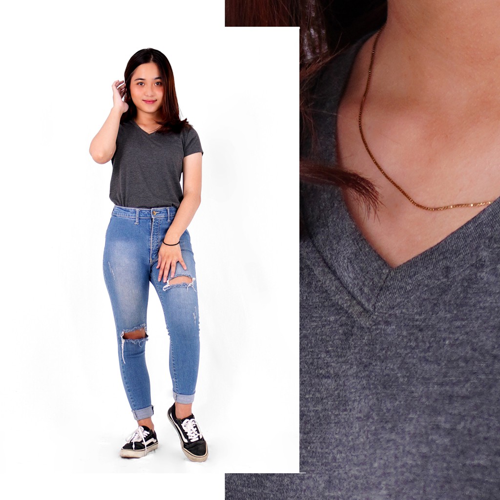 RAFara KOREAN STYLE Fashion Wanita Kaos V Neck Basic Polos Katun