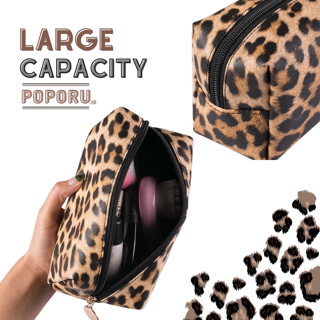 POPORU LEOPARD TRANSPARENT pouch - make up organizer transparan tas tempat makeup - bening kosmetik