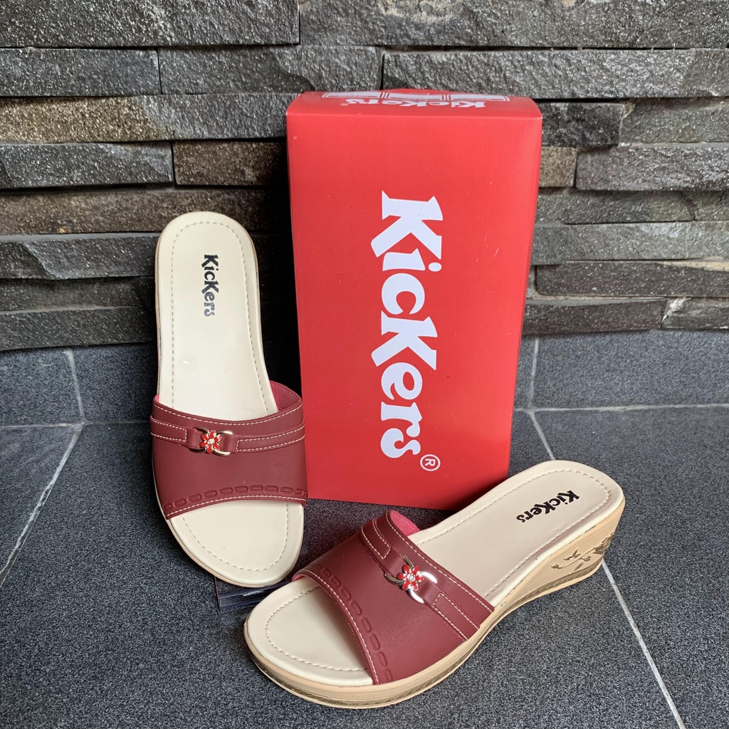 SANDAL WEDGES SELOP WANITA HAK 5CM SLOP BUNGA PESTA FORMAL MAL KAMPUS TERBARU WEDGES LESTARI 1-LESTARI MARUN
