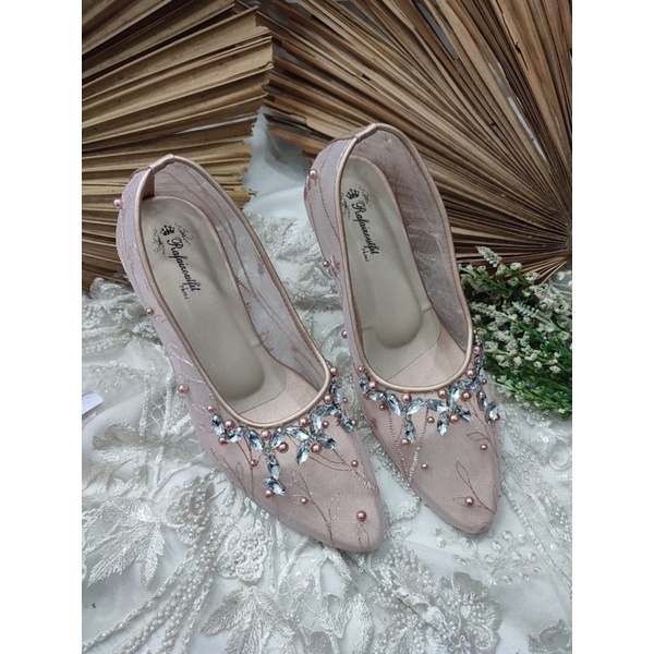 sepatu wanita wedding Merisa rosegold 7cm kaca