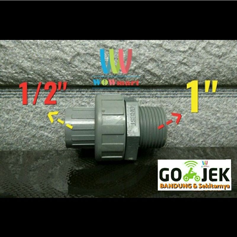 Watermur Drat Luar 1 " x 1/2 " Polos PVC untuk Pompa Air Water Mur SDL 1 ke 1/2 Inch Inci Watermoor