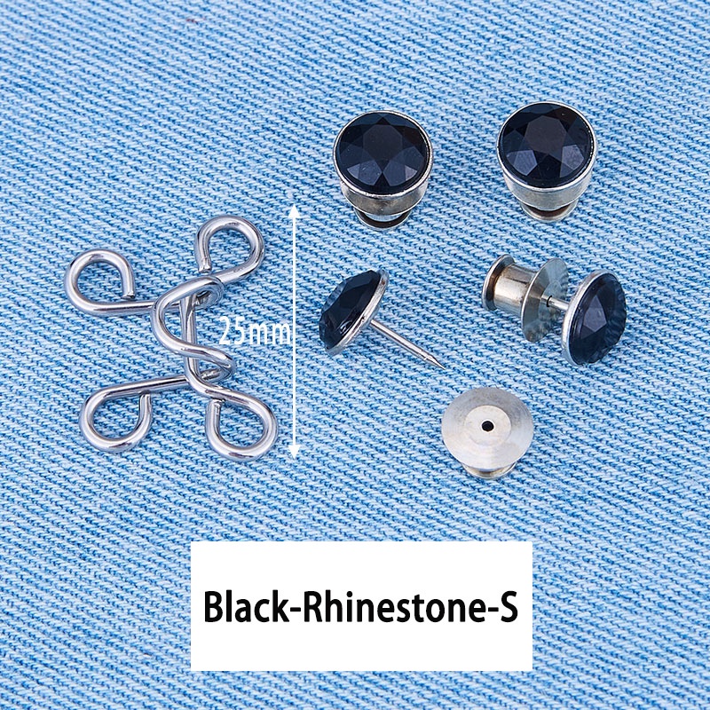 Kancing Jeans Logam Mutiara Adjustable Kancing Pengait Celana Panjang Jeans Denim Desain Mutiara Warna Putih Kait Pengecil Lingkar Pinggang Celana Jeans Model Bisa Dilepas ANTOP-Berlian Imitasi Hitam-S