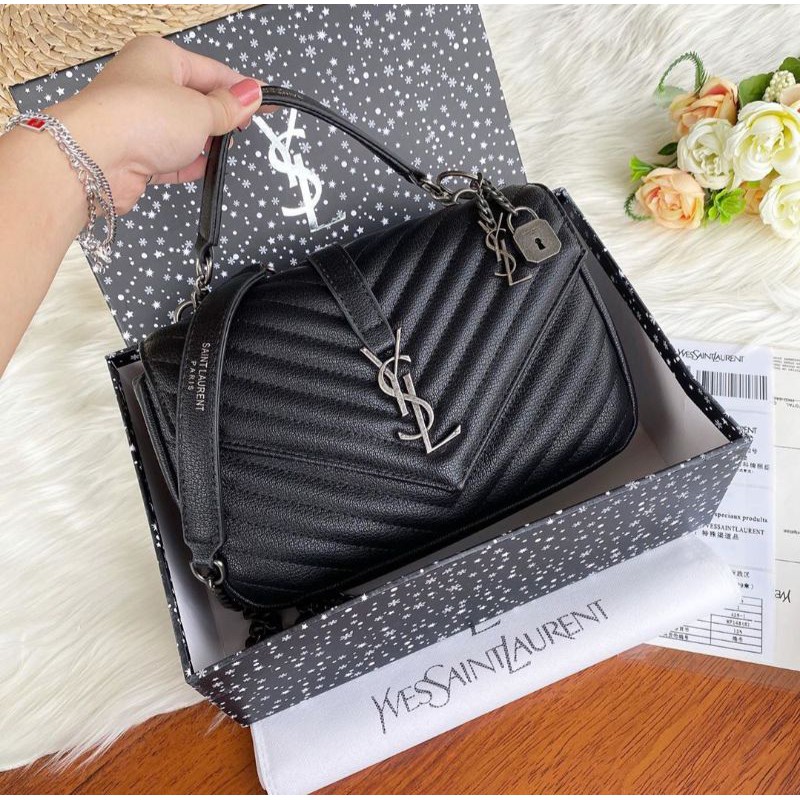 tas ysl loan acc black / gold and khanki