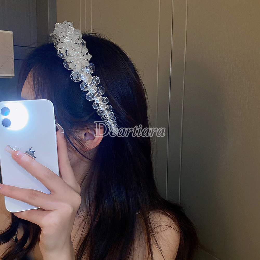 Headband Bentuk Bunga Aksen Mutiara Kristal Transparan Untuk Wanita