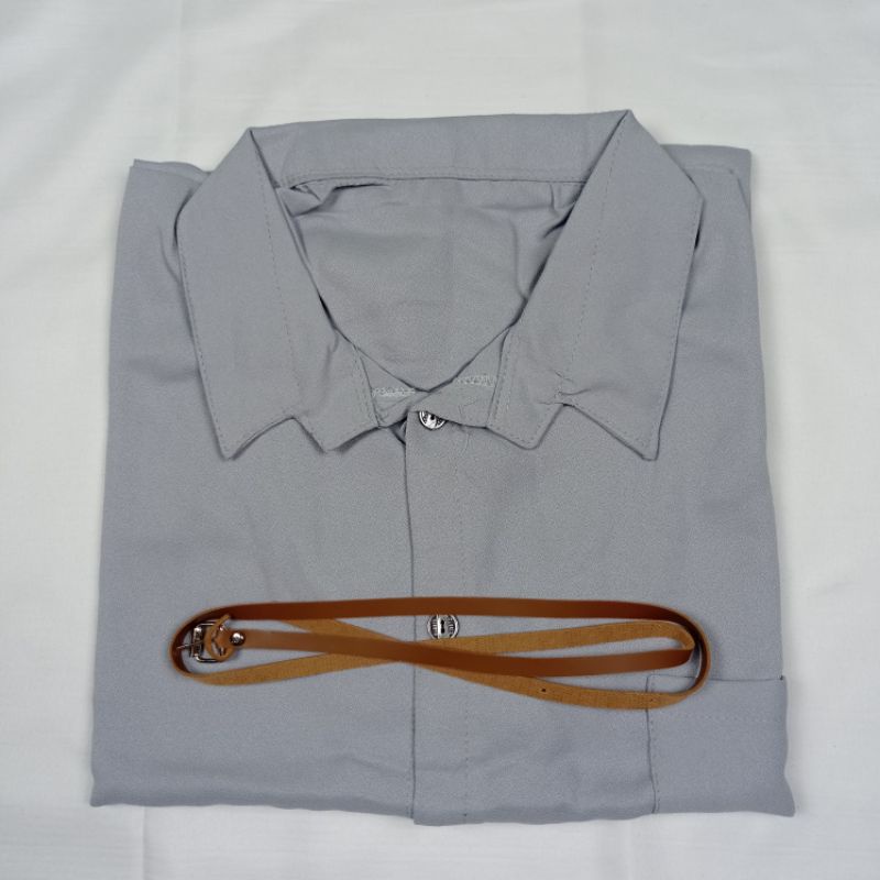 Kemeja Wanita Atasan Blouse Casual Polos Lengan Panjang Kekinian Bahan Moscrep Free belt model Korea-Abu-015