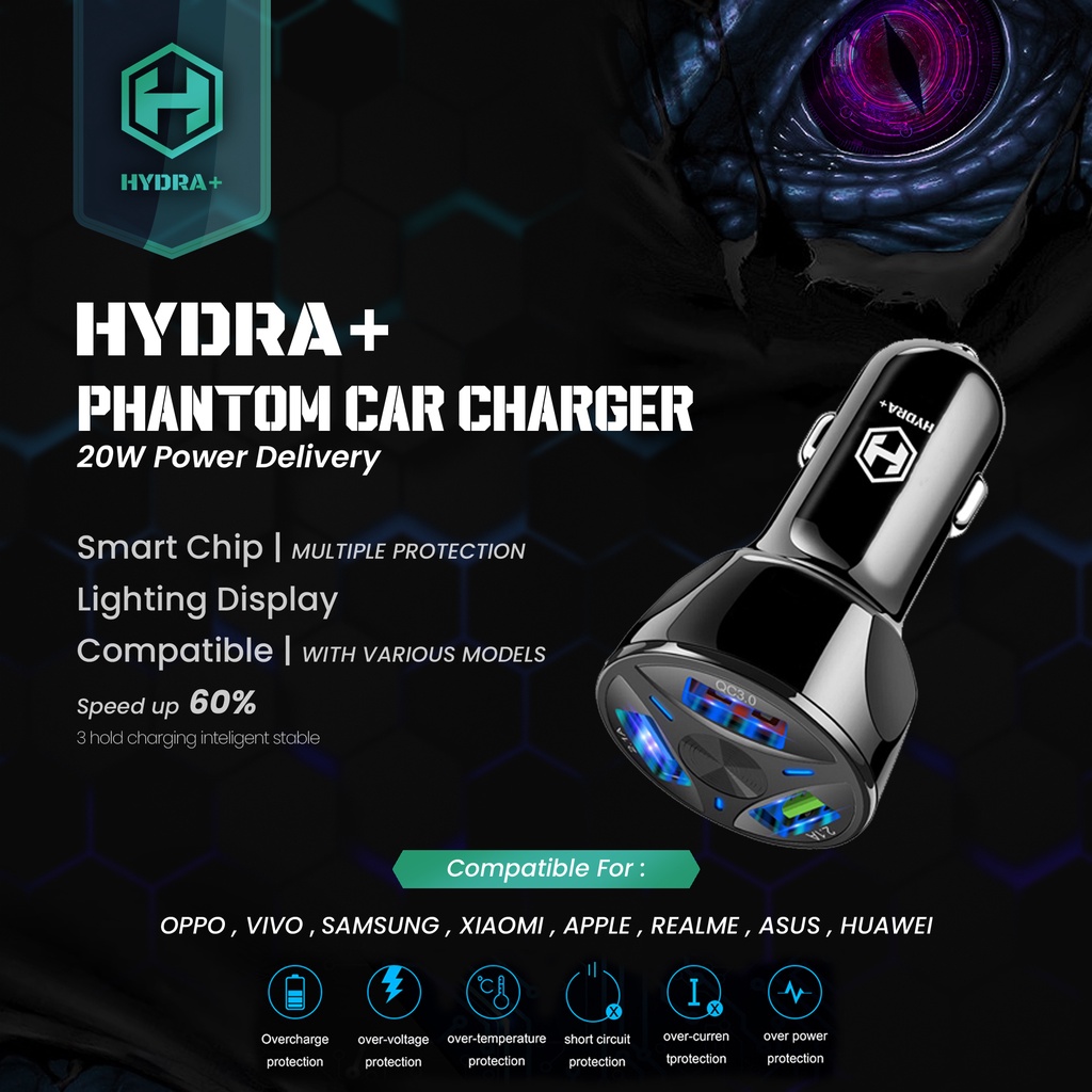 HYDRA+ PHANTOM CAR CHARGER 18W PD QC 3.0 Support iPhone Android