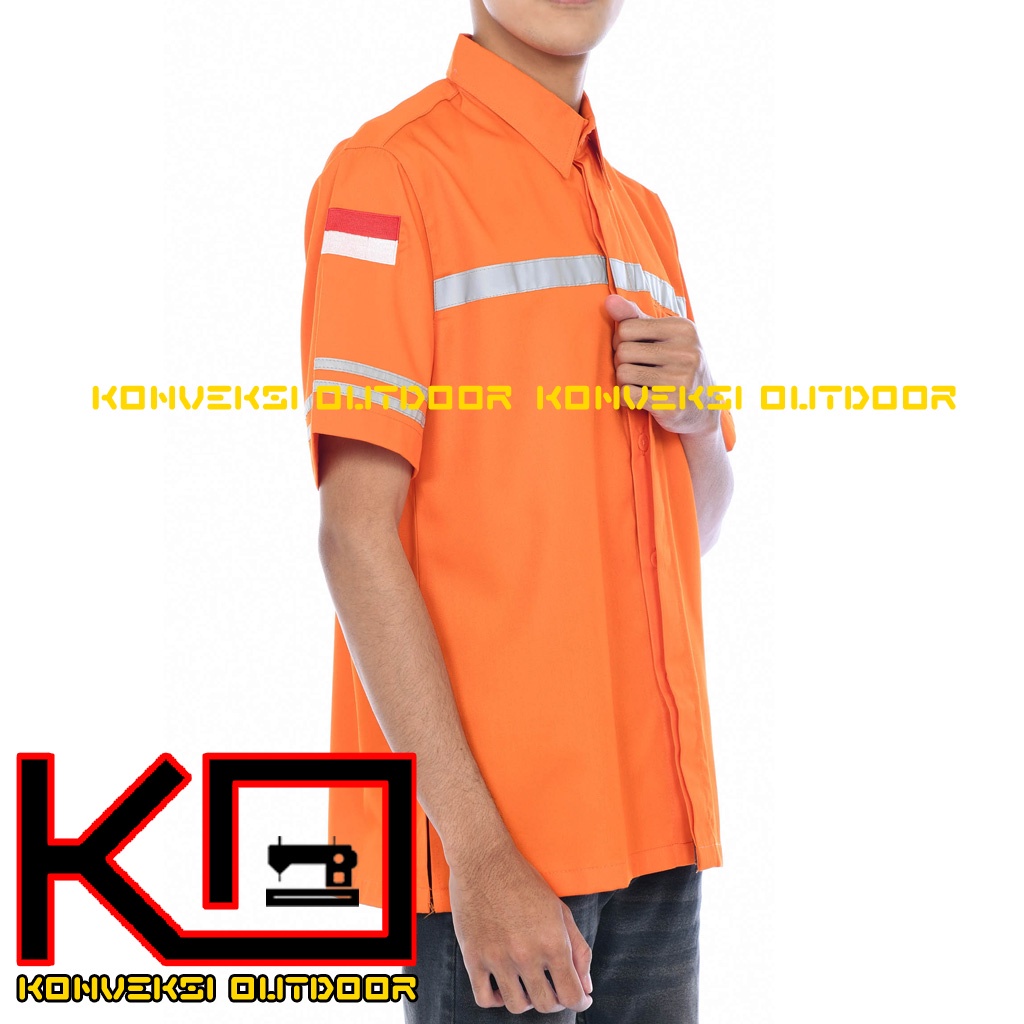 KEMEJA WEARPACK BAJU SAFETY K3 OUTDOOR INDOOR - Seragam Kemeja Kerja Lapangan Lengan Pendek Proyek Bangunan Tambang Alat Berat PLN Enginer Instalasi Mesin werpek sefti Scotlit Warna Orange Konveksi Outdoor