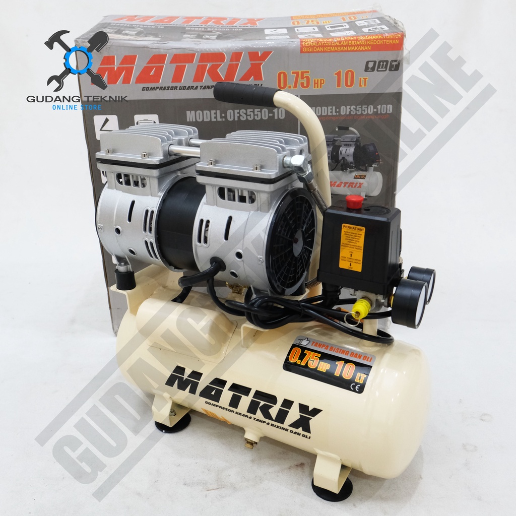 Kompresor Angin Tanpa Oli MATRIX OFS 550-10 / Air Compressor Oilless MATRIX OFS550-10 3/4Hp 10L