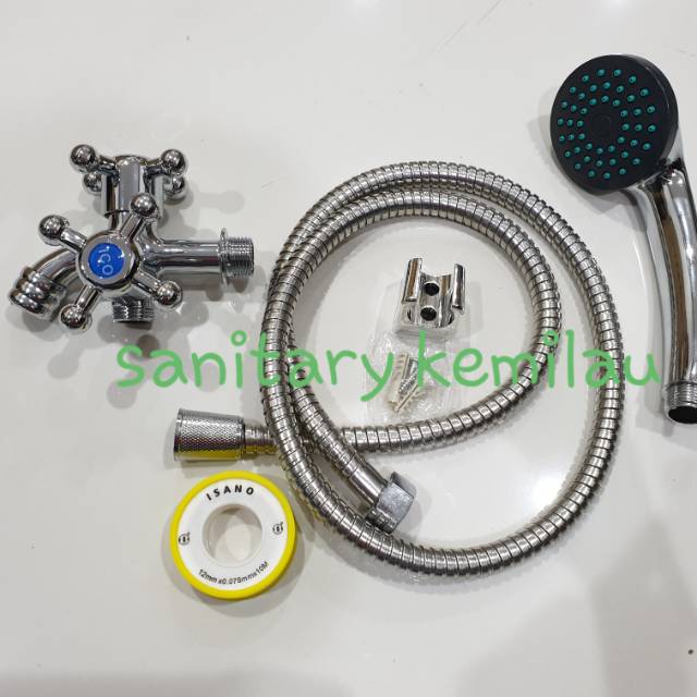 Paket Hand Shower Murah - Hand Shower Mandi Set + Kran Cabang Double + Sealtape