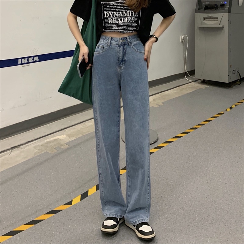 New  Korean Style Biru muda high waist straight celana jeans panjang wanita