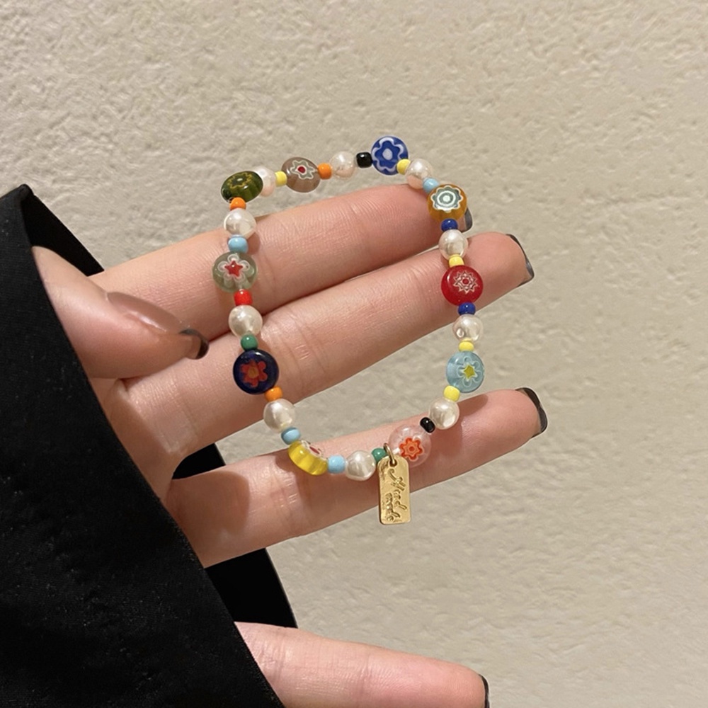 Gelang Tangan Wanita Desain Kaca Bunga Lucu Warna Permen Gaya Korea