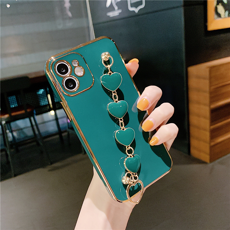 Soft Case Electroplating Motif Hati Dengan Tali Pergelangan Tangan Untuk Iphone 12pro Max 12 Mini 11pro Max Xs Max Xr 7 / 8 / Se 2020 7plus / 8plus