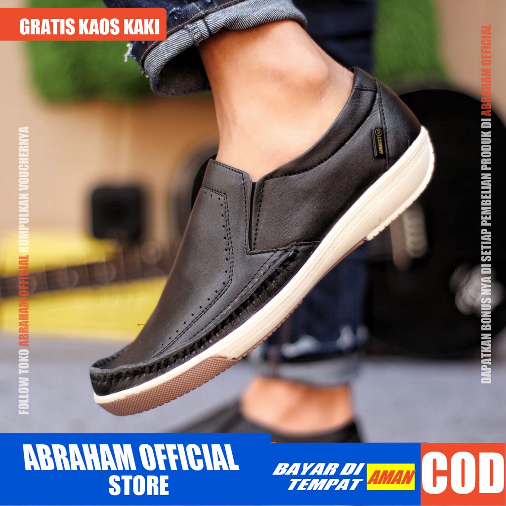 ABRHM X SANDRO Sepatu Slip On Pria Sepatu Pria Casual Cowok/Cowo Kulit Asli Sepatu Kasual Slop Anti Slip Semi Formal Kerja Kuliah Gaya Santai Keren Kekinian Original Murah Terlaris