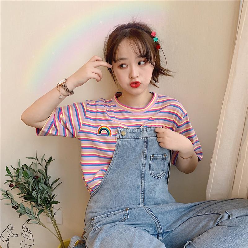  Kaos  Casual Longgar Kaos  Lengan Pendek Rainbow  Stripes 