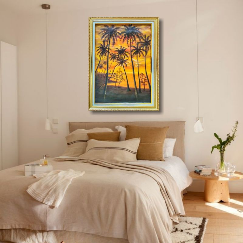 Lukisan Pantai Sunset Pohon Kelapa Unik Minimalis Kanvas Ukuran 60x80 cm