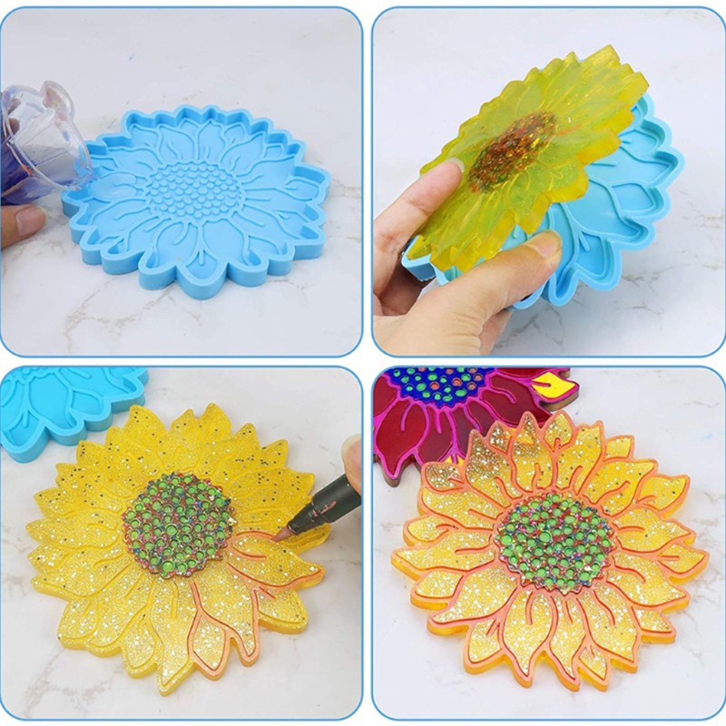 Glitter 5 Pcs Sun Flower Tray Epoxy Resin Mold Serving Plate Casting Silicone Mould DIY Crafts Cup Mat Making Tool