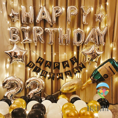 LED Set Foil Balloon Happy Birthday Fancy Champagne | Balon Dekorasi Ultah Ulang Tahun Dewasa
