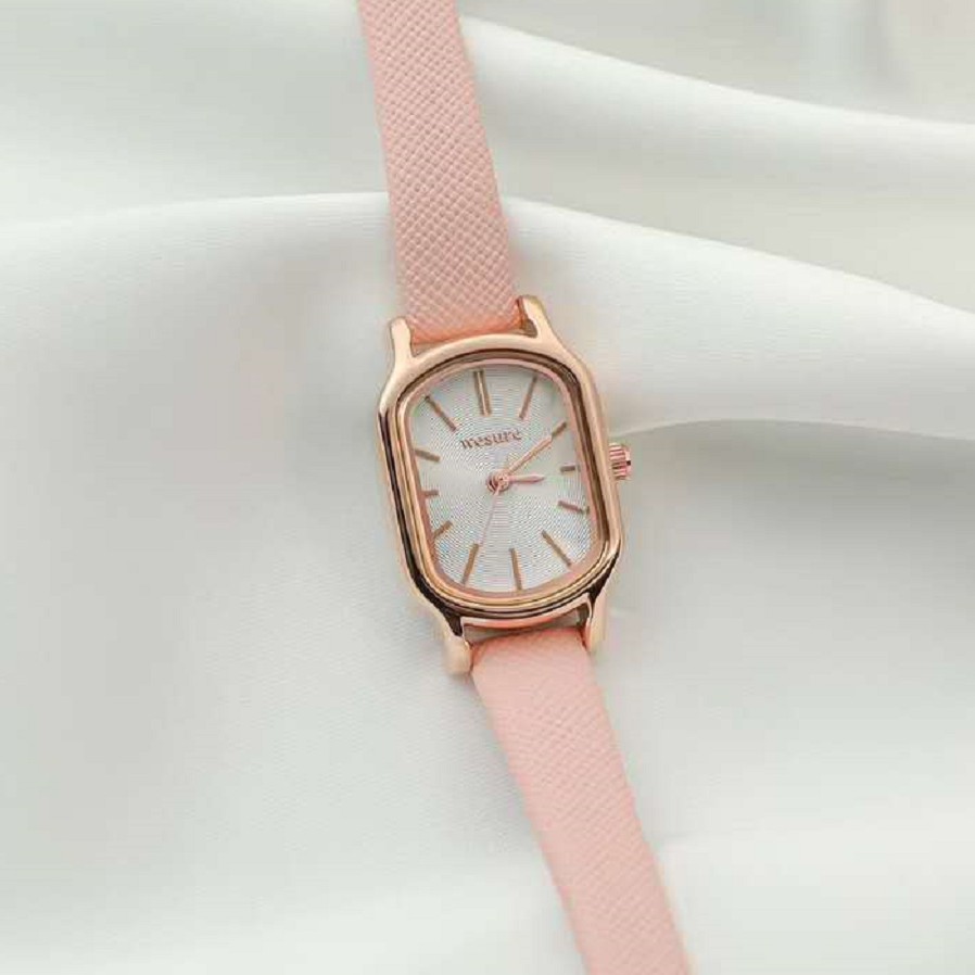 Jam Tangan Analog Wanita Kecil Strap PU Leather Dial Kotak Watch Korean Fashion Import-Pink