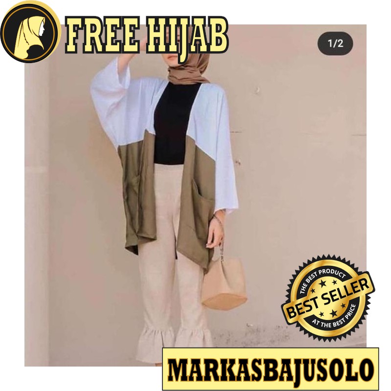 CARDI ZURRY OUTER CARDIGAN TWO TONE JUMBO WOLFIS / CARDIGAN WANITA PANJANG RAJUT MOTIF BATIK PUTIH