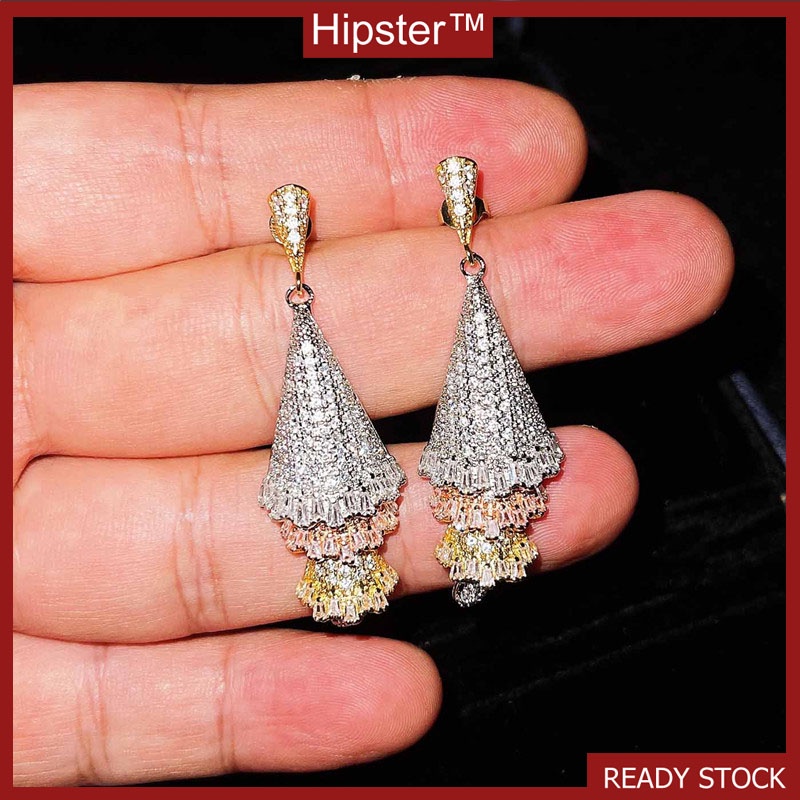 Hot Sale Design Luxury Micro Inlaid Zircon Three-Color Three-Dimensional Skirt Earrings