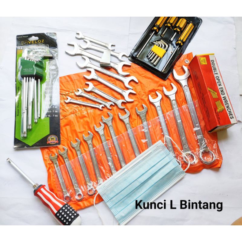 Paket Kunci Ring Pas Set + Kunci Pas Set + Kunci L Kombinasi Bintang + Obeng Set  FREE Obeng Amerika