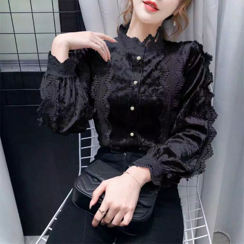 6281Blouse Import Wanita Baju  casual kantor import Blouse Casual cewek Fashion wanita Korea Hitam