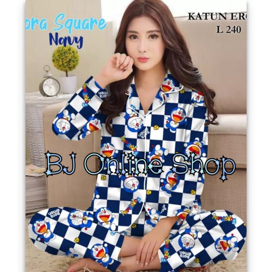 BJ-Piyama PP XXL Wanita Dewasa Murah - Baju Tidur Lengan Panjang-Emon Catur Navy