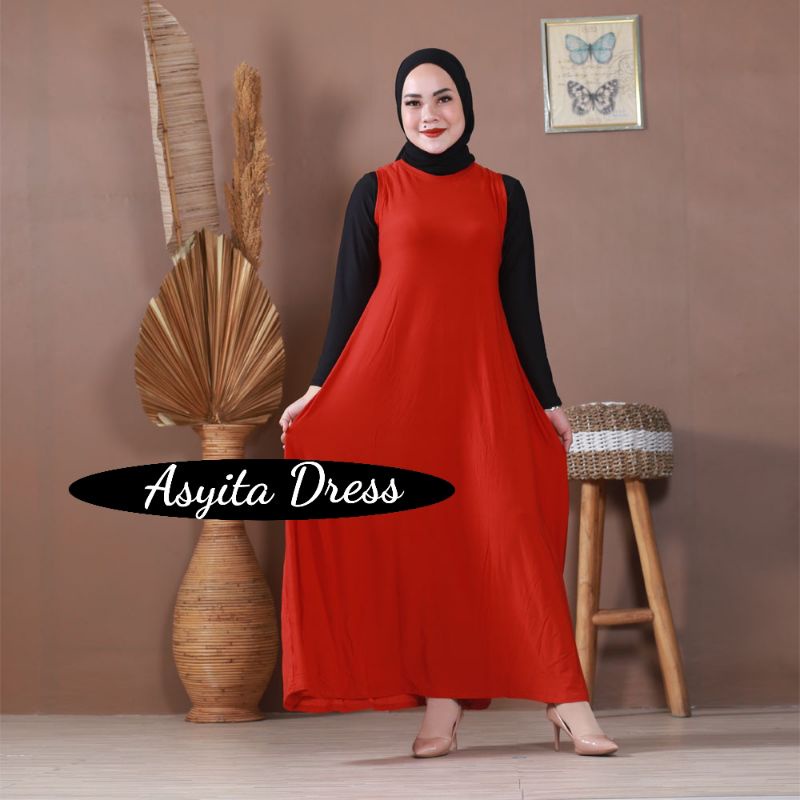 Baju Gamis Jersey Kutung Yukensi Dress Tanpa Lengan Kutung Busui Polos ASYITA DRESS Warna MERAH BATA