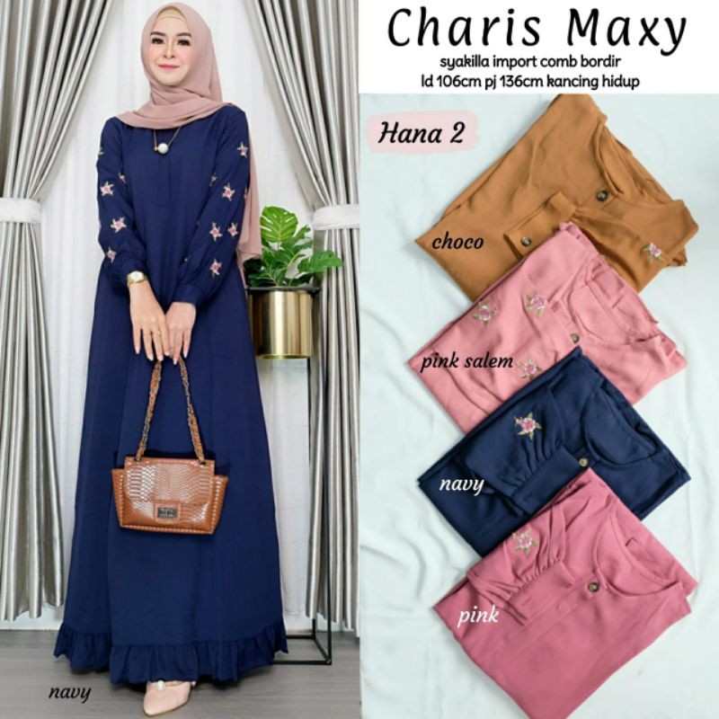 Charis Maxi Dress - Gamis Wanita Dewasa Bahan Kaos Syakila Import Kombinasi Bordir Motif Polos