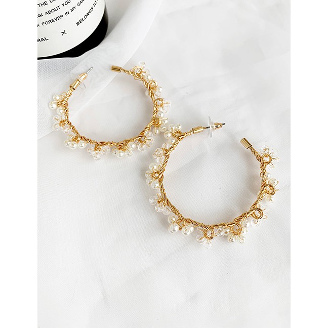 LRC Anting Tusuk Fashion Gold Alloy Artificial pearl C-shaped Earrings  D48844