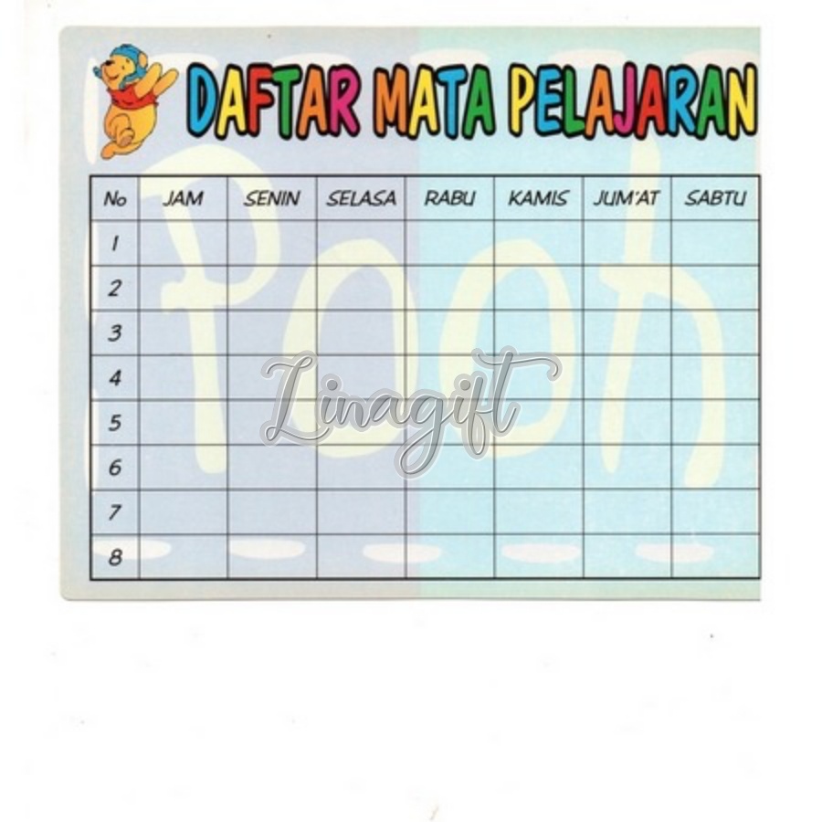 ( 1 Lembar ) DAFTAR MATA PELAJARAN - BUKU LIST W1NNIE TH3 P00H - TABEL 8 X 7 KOTAK