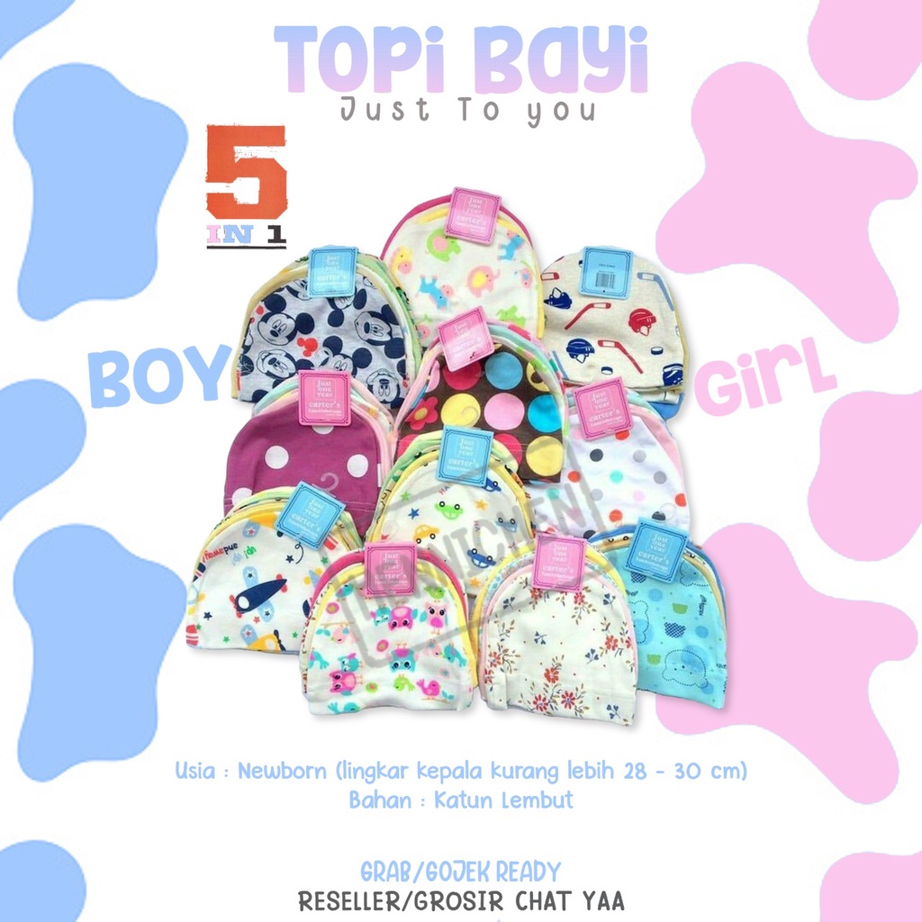 Topi Bayi Just to you 5 in 1 kupluk bayi baru lahir Newborn Infant Caps Topi Bayi isi 5 Topi Bayi 5in1 / Topi Bayi isi 5