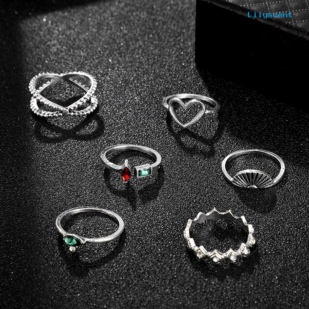 6pcs Cincin Jari Model Terbuka Bentuk Hati Aksen Berlian Imitasi Untuk Hadiah